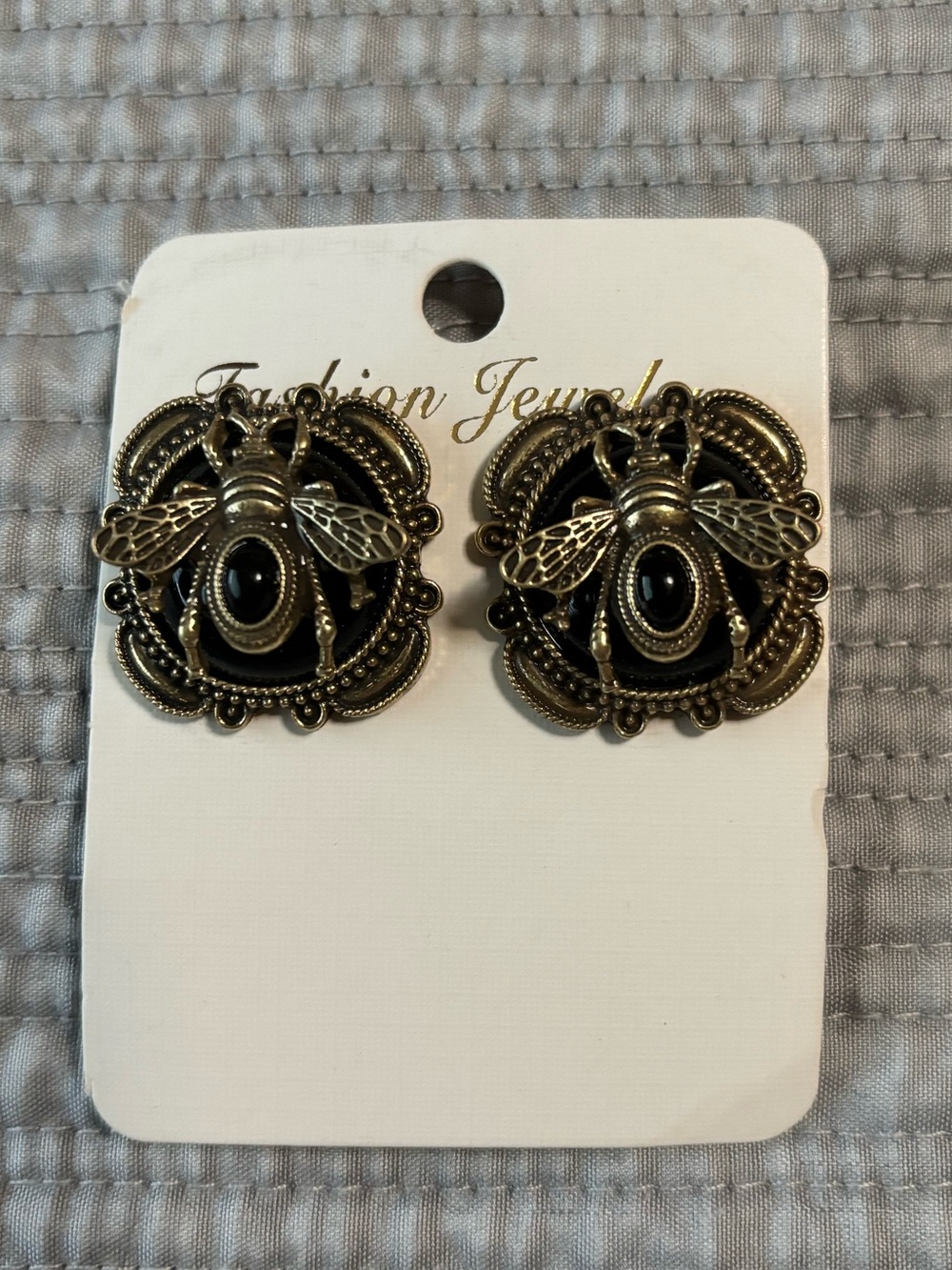 Fashion Jewelry Antique Gold Bee Stud Earrings with Black Accents